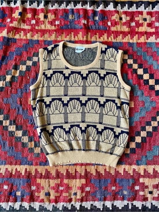 Sweaters - Vintage “Devon” Sleeveless Knit Sweater Vest in Art Deco design.